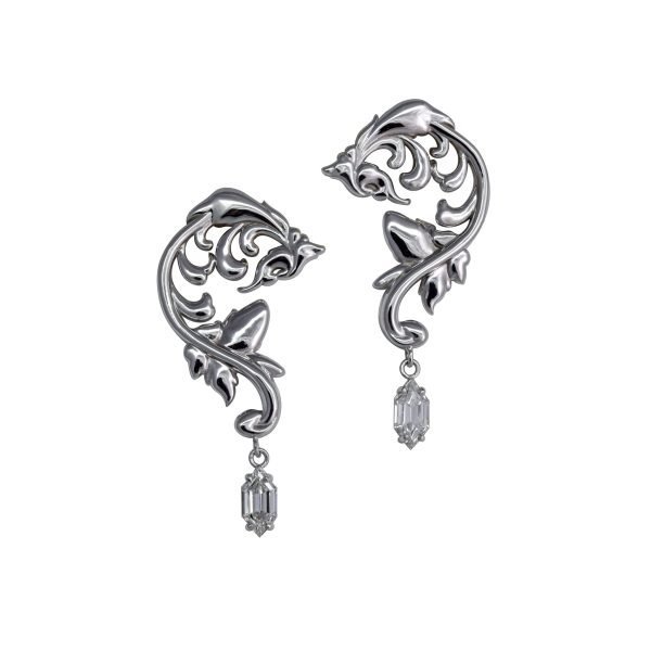 White Gold Baroque Elongated Hexagon Diamond Earrings