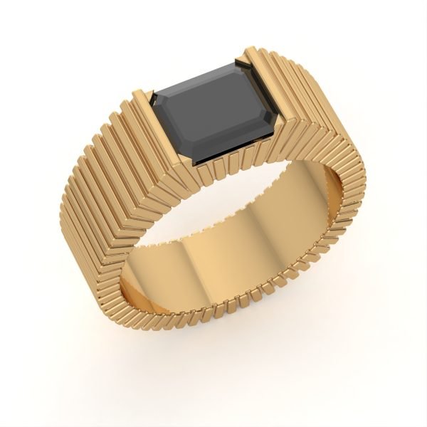 18ct Yellow Gold Gents Ribbed Ring with Emerald Cut Black Diamond - Image 2